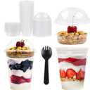 Parfait Cups - 9 Oz - 50 Set - Reusable Dessert Cups With Dome Lids & Inserts - Crystal Clear Plastic - Spill and Leak Proof