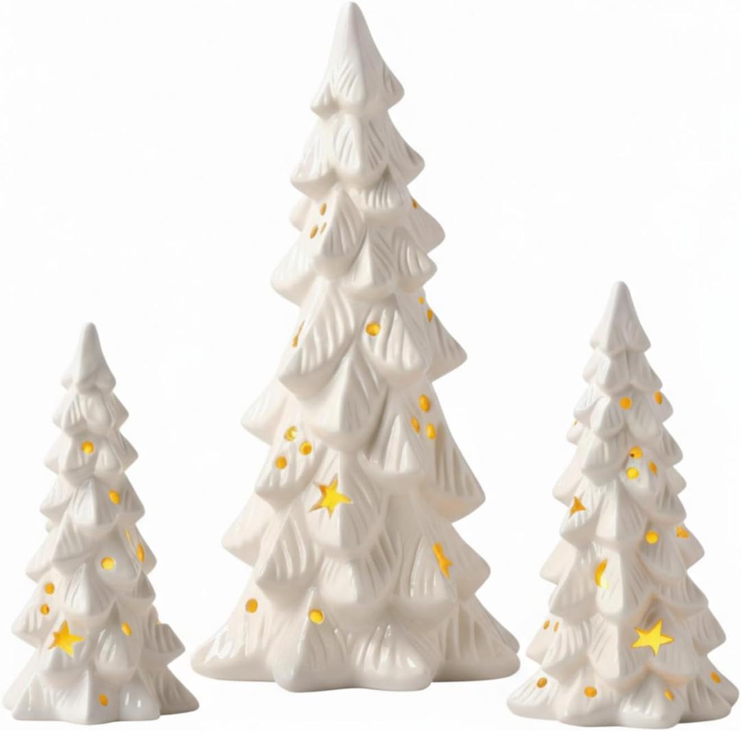 Nuogo 3 Pcs Lighted Ceramic Christmas Tree Decorations White Ceramic Christmas Table Centerpiece Porcelain Xmas Tree Figurines for Xmas Tabletop Home Decor Gifts