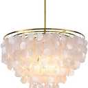 Wellmet Natural Capiz Shell Chandelier, 6 Lights Silver Coastal Modern Chandelier Pendant Lighting, Hanging Round Layered Chandelier for Living Room, Dining Table, Bedroom, Kitchen, Foyer, W-23.62”, (Color: Gold)