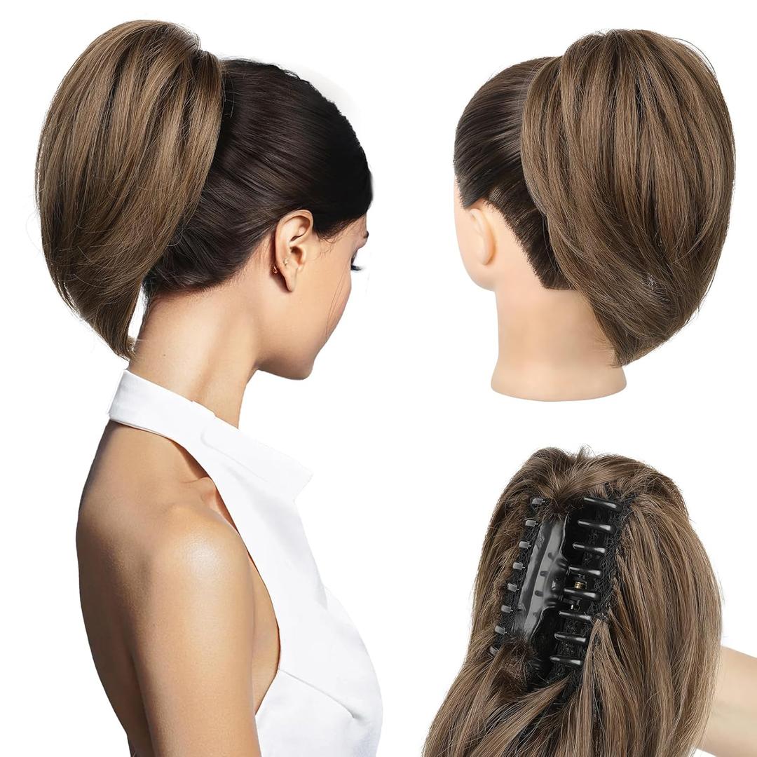 NTYNTY Ponytail Extension - 10" Short Claw Clip in Ponytail Hair Extensions Messy Bun Hair Piece Natural Soft Synthetic Straight Pony Tail Hair Pieces for Women - Light Brown