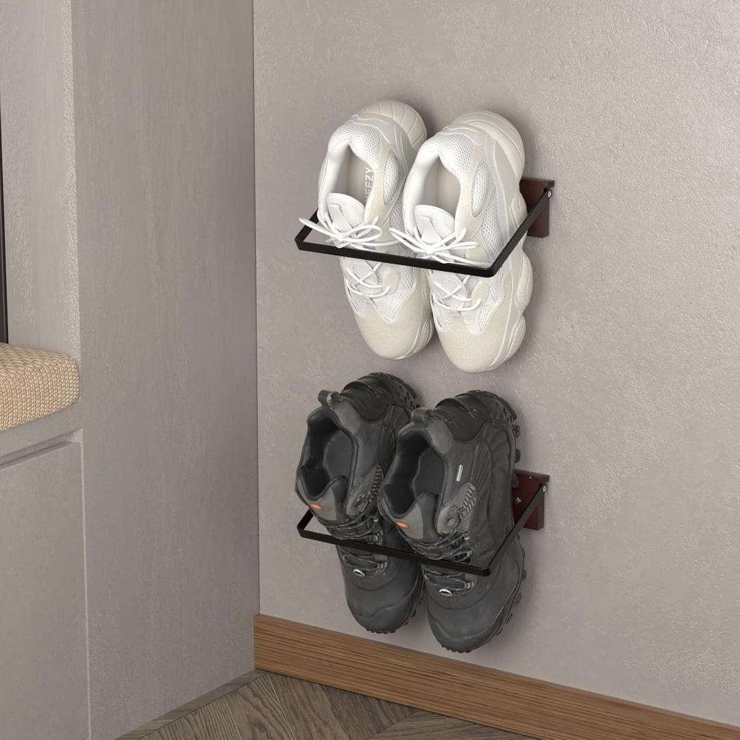 2-Pack Wall Mounted Shoe Rack, Wooden & Metal Foldable Shoe Rack - Space Saving Wall Shoe Holder for Entryway, RV, Camper, Closet, Apartment, Fits Various Shoes-Brown