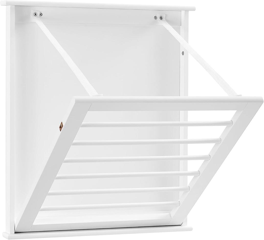 Danya B. Folding Wall Mounted Drying Rack - White, 21.25"D x 25.5"W x 2"H, 
Made of wood and MDF in White finish
Space-saving design utilizes a wall mounted folding drying rack