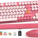 Wireless Keyboard and Mouse Combo, Cute Hot Pink FullSize Retro Typewriter Keyboard with Round Keycaps, Magnetic Wrist Rest, Tilt Legs, 2.4GHz Cordless for Mac, Windows PC, Laptop, SABLUTE CK23