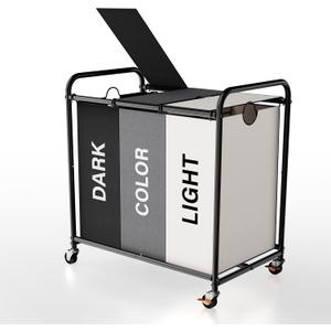3-Compartment Laundry Cart with Lockable Wheels & Lid 180L Large Wheeled Laundry Basket Heavy-Duty Sorting Organizer for Laundry Room (Multicolor)