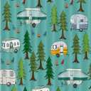 JAWO Camper RV Shower Curtain for Travel Trailer Bathroom, Farmhouse Camping Shower Curtain, Camping Tent with Trees Fabric Shower Curtains Set, Happy Camp Outdoor Decor with Hooks 47X64 (Blue)