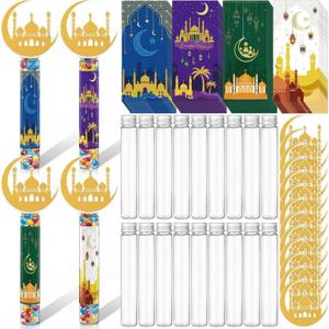 96 Pcs Eid/Ramadan Party Favors Gifts Eid Mubarak Candy Tubes with Ramadan Stickers Moon Shaped Cards Plastic Candy Servers Containers for Islamic Muslim Party Supplies Decorations