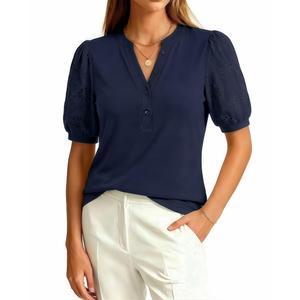 Uhiger Navy Blue Blouse Henley V Neck Button Up Shirt Embroidered Eyelet Puff Sleeve Female Plus Size Summer Outfits (XXL)