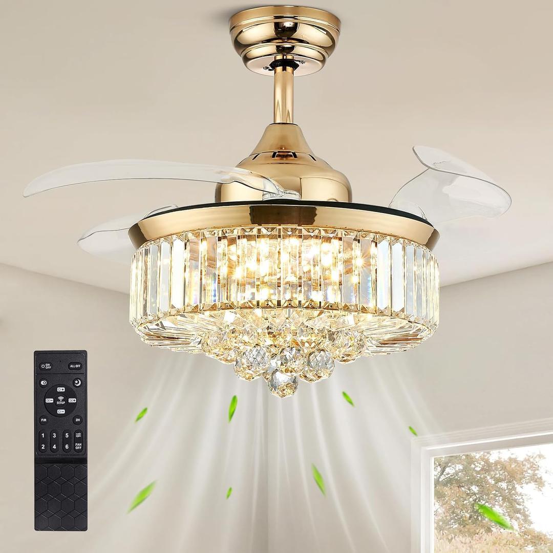 36'' Fandelier Ceiling Fans with Light, Chandelier Gold Ceiling Fan, Retractable Crystal Ceiling Fan for Bedroom, Living Room, 3 Color Change, LED Dimmable, 6 Speeds, Reversible DC Motor