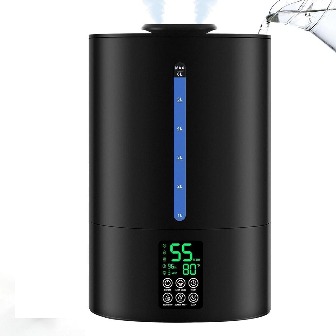 6L Humidifiers for Bedroom Large Room Home,Cool and Warm Humidifier for Baby and Plants Hot Mist Top Fill Desk Humidifiers Oil Diffuser,Quiet,Adjustable Mist,360Nozzle-Black(2026 Upgraded)