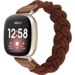 Wearlizer Elastic Band Compatible with Fitbit Versa 4 Bands for Woman/Versa 3/Sense 2/Sense Bands Women, Slim Solo Loop Braided Strap Stretchy Woven Wristband Accessory, Brown M
