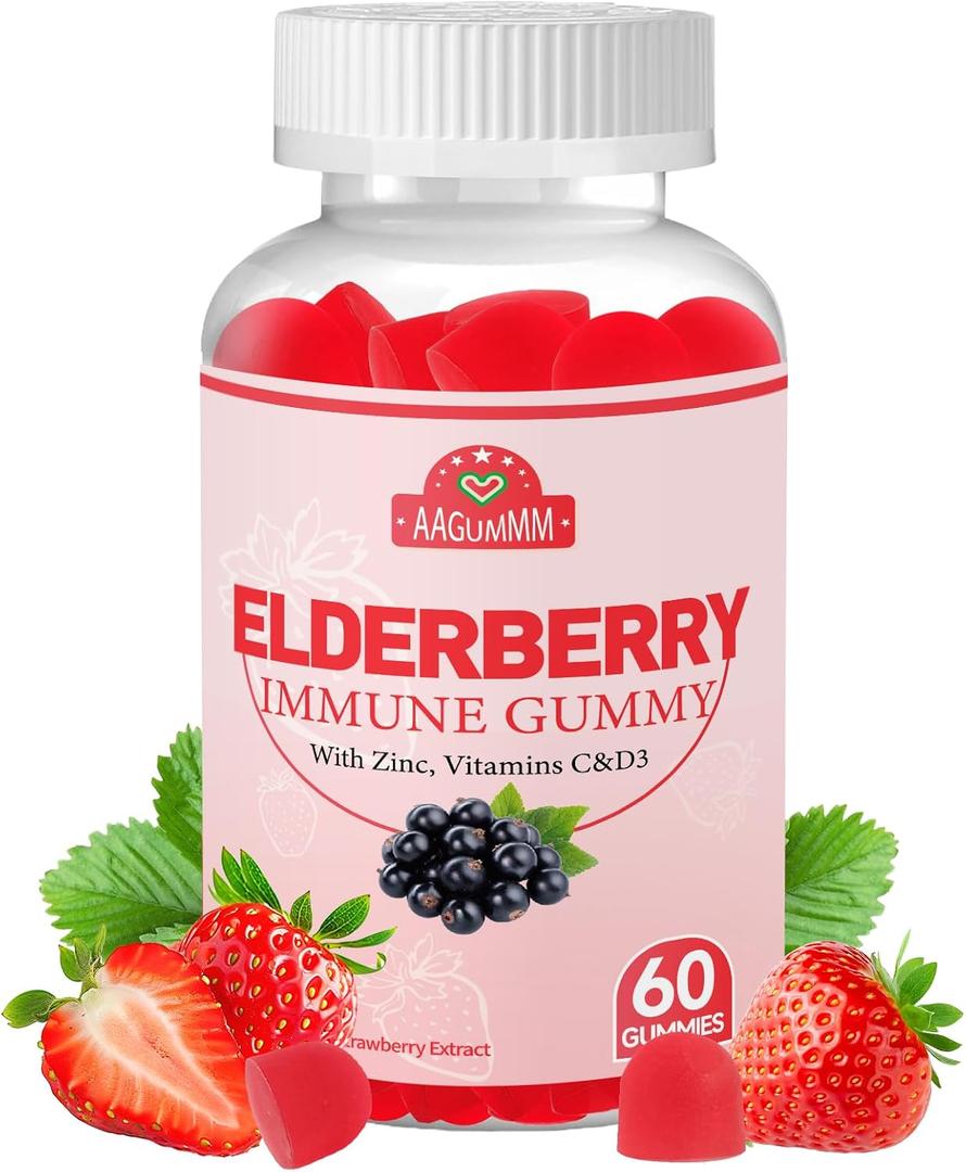 3 x Elderberry Immune Gummies, Daily Immune Support for Adults, with Vitamin C, Vitamin D3, Zinc, Gluten Free, Vegetarian, Strawberry Flavor,60 Gummies