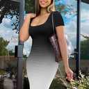 Nimsruc Summer Bodycon Dresses for Women Short Sleeve Midi Dress Blk Grad L (L)