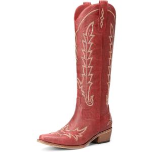 Rivalran Cowboy Boots for Women - Knee High Pointed Toe Chunky Heel Pull On Zipper Western Cowgirl Boots, Retro Country Vintage Fashion Tall Boots (Red) US 9.5