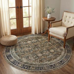 WITSHOCK Area Rug 6ft, Vintage Large Circle Low Pile Non-Slip Machine Washable Dining Rug for Kitchen, Under Coffee Table, Bedroom,Nursery,Pets & Kids Friendly - Olive Green Brown