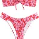 GORGLITTER Women's Strapless Bandeau String Bikini Set Floral Bow Swimsuit High Waisted Smocked Bathing Suit Pink M