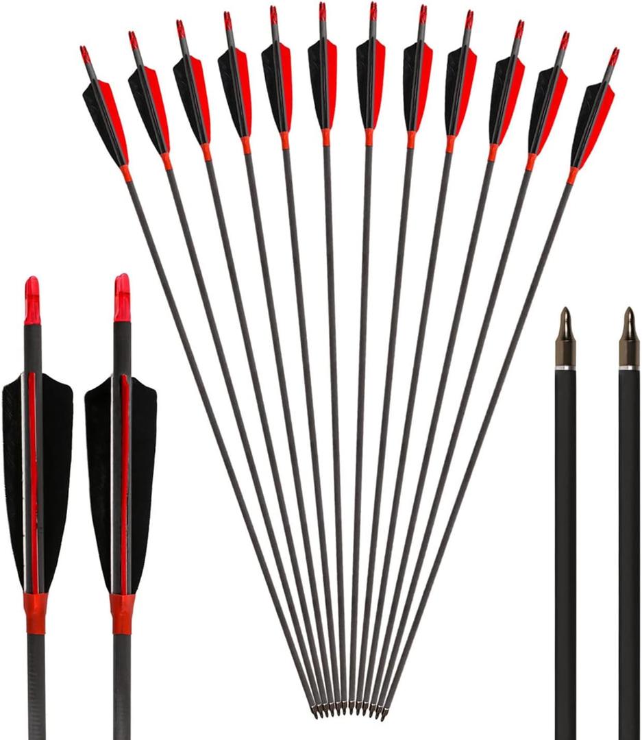 Archery Carbon Arrows 400 Spine with 4 Real Feather Fletching 100 Grain Points for Compound Recurve Longbow (12 Pack), 31 Inch Arrows