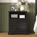 ChooChoo Farmhouse Night Stands with Charging Station, Wood Nightstand with 2 Drawers, Bedside Table with Open Storage Shelf for Bedroom, Black, 19.7 inches x 15.7 inches x 23.6 inches