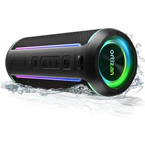 Ortizan Portable Bluetooth Speaker, 40W Loud Sound and Deep Bass, IPX7 Waterproof, True Wireless Stereo, Bluetooth 5.3, Colorful Flashing Lights, Preset EQ, USB Play, for Home, Outdoor, Party, Black