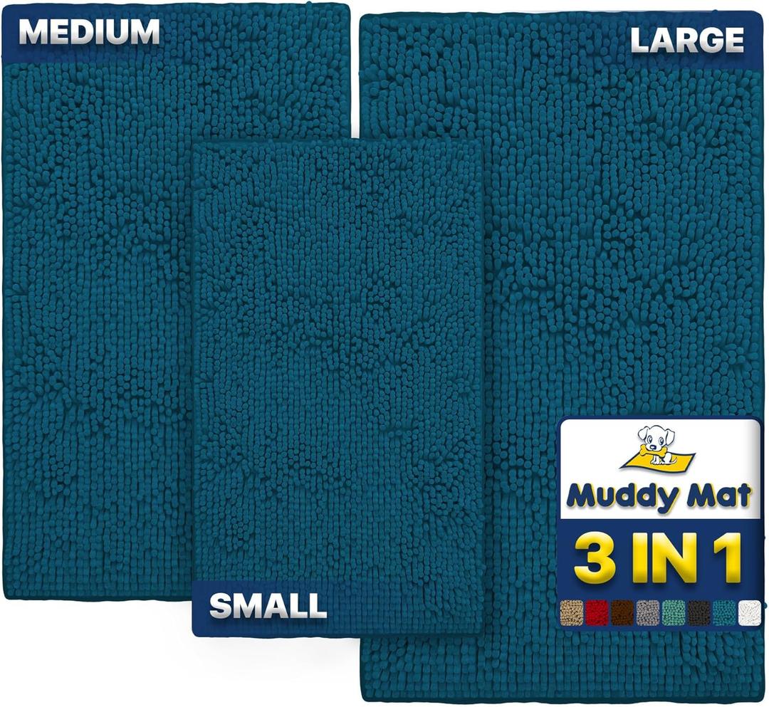 Muddy Mat Pack of 3 Highly Absorbent Microfiber Dog Door Mat and Pet Rug, Non Slip Thick Washable Area Mat Soft Chenille for Kitchen Bathroom Bedroom and Outdoor - Atlantic Blue Small, Medium & Large