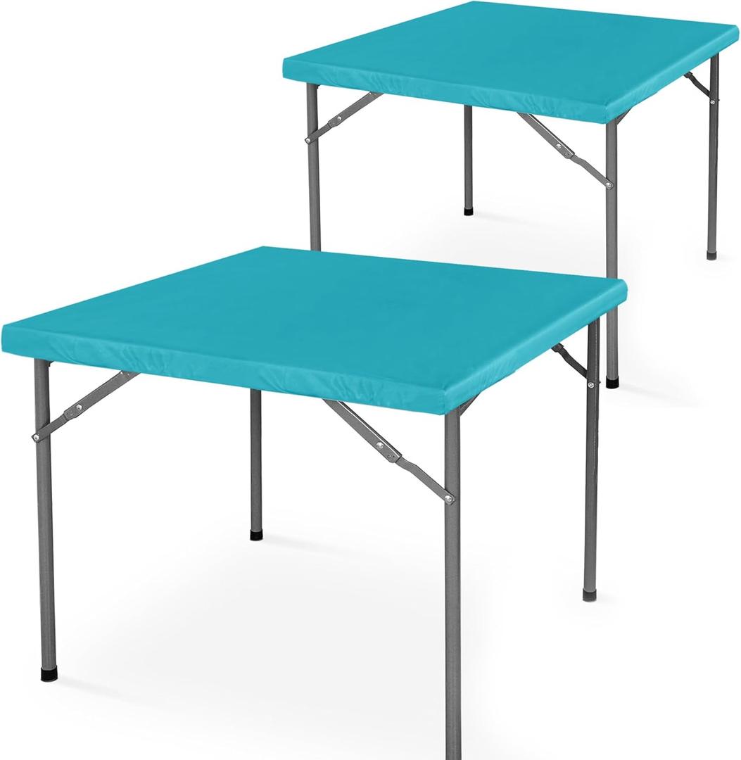 LUSHVIDA 2 Packs Vinyl Card Tablecloth with Flannel Backing 48x48 inch - Waterproof Plastic Picnic Table Cover for Square Folding Table Cloth with Elastic Corners, Teal