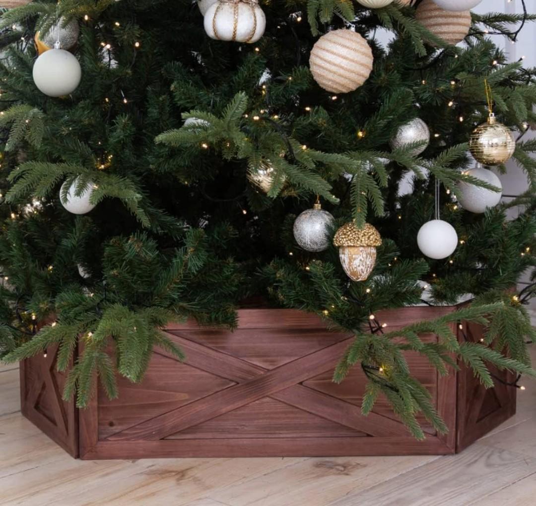 Rustic Wooden Tree Collar Box - Farmhouse Christmas Tree Stand Decor with Vintage Weathered Wood (Folding, Brown) - Christmas Tree Box Stand Farmhouse Rustic Decor - Vintage Weathered Wood Decoration
