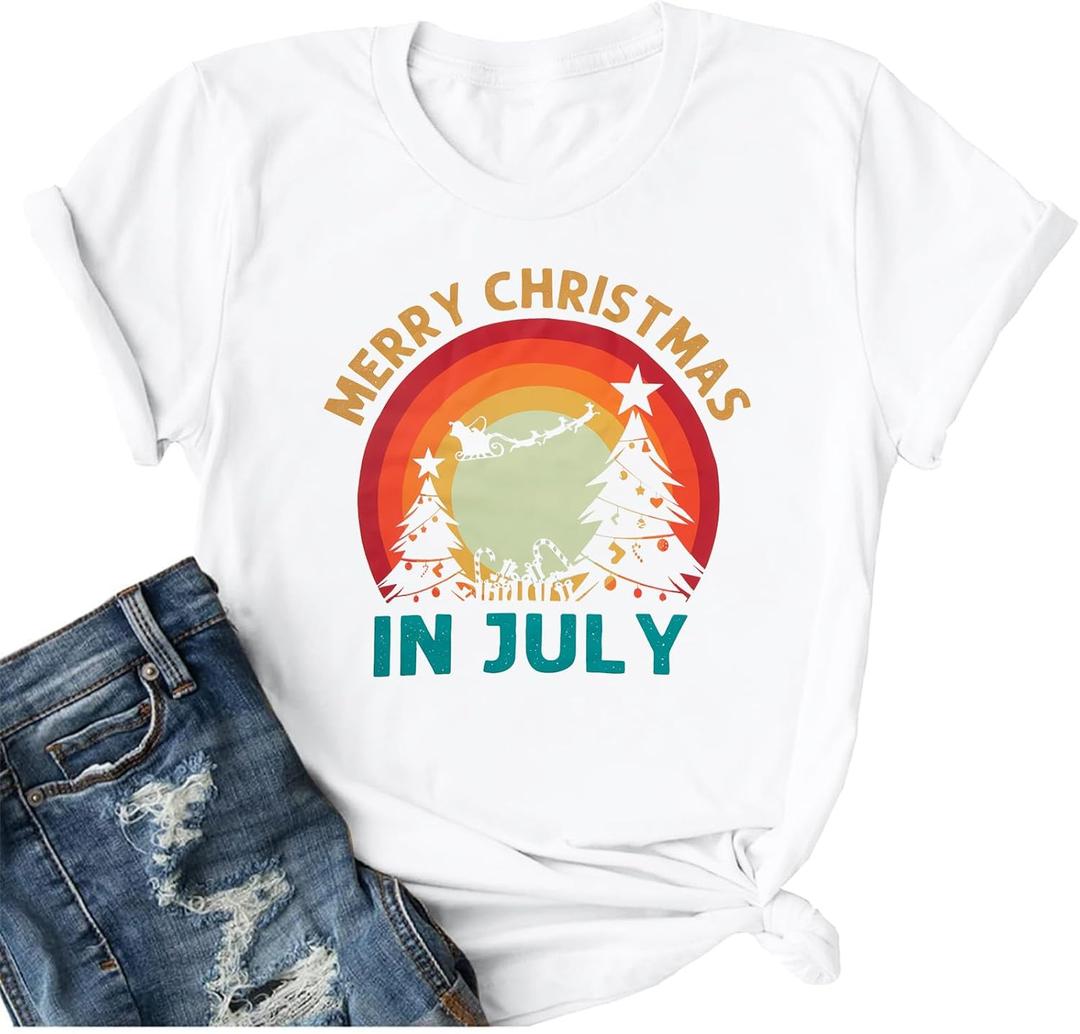 Merry Christmas in July Shirt Women Christmas Tree Graphic Tee Summer Xmas T-Shirt Funny Vacation Short Sleeve Tops (XXL)