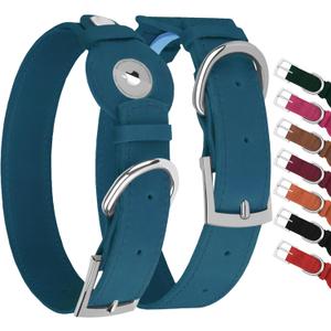 Leather Dog Collar with Airtag Holder - Apple Air Tag Dog Collars - Soft Tracking GPS Pet Collar for Small Medium Large Dogs Breed Puppy (Smoky Blue, M, 12"-15" Neck Fit)