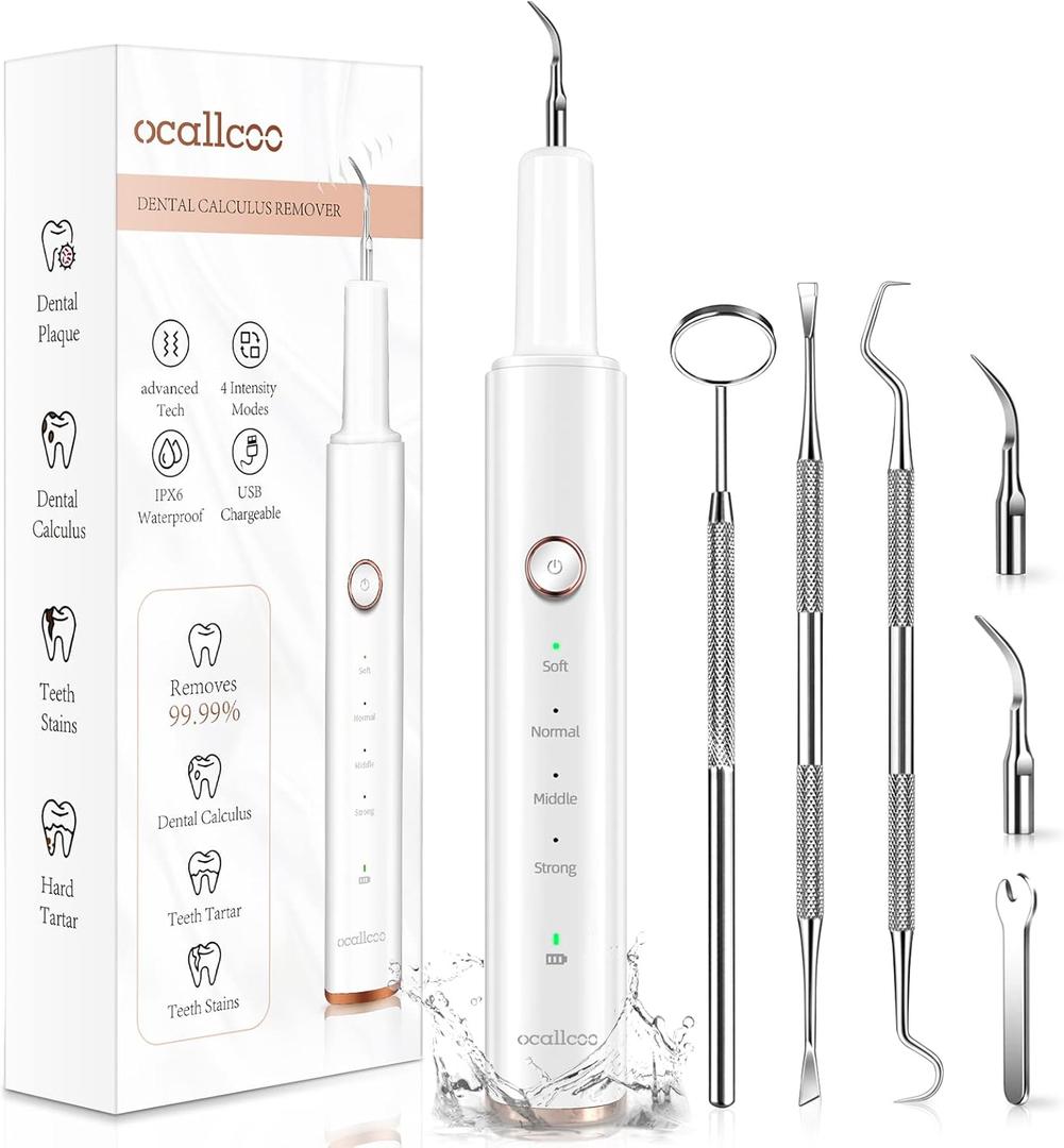 Plaque Remover for Teeth - Tartar Remover for Teeth, Dental Calculus Remover Teeth Cleaning Kit 4 Speed Modes with 4 Replaceable Heads, IPX6 Waterproof with LED Light