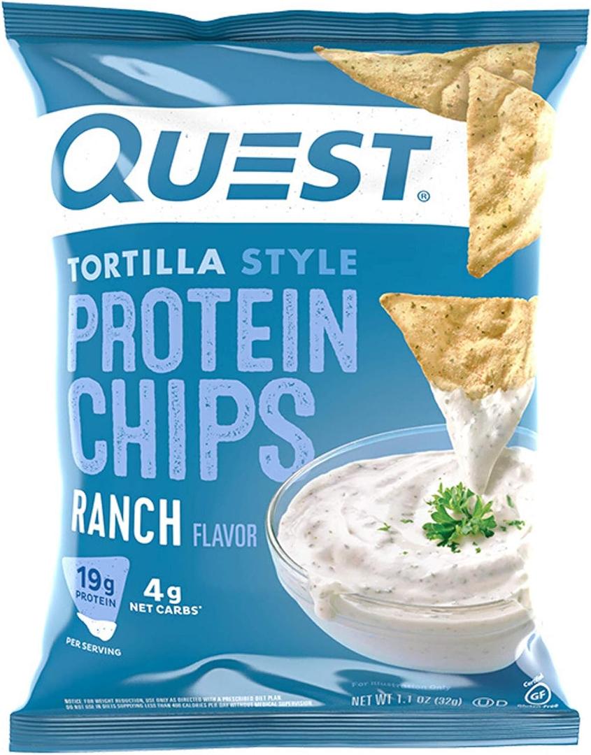 Quest Nutrition Tortilla Style Protein Chips, Ranch, Baked, 19g Protein, 4g Net Carb, Low Carb, Gluten Free, 1.1 Ounce (Pack of 12) Best Before 08/22/26
