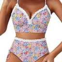 Herseas Women's Splice Ruffle Trim Bikini Sets Tie Side Swimsuits High Waisted Bathing Suits (L)