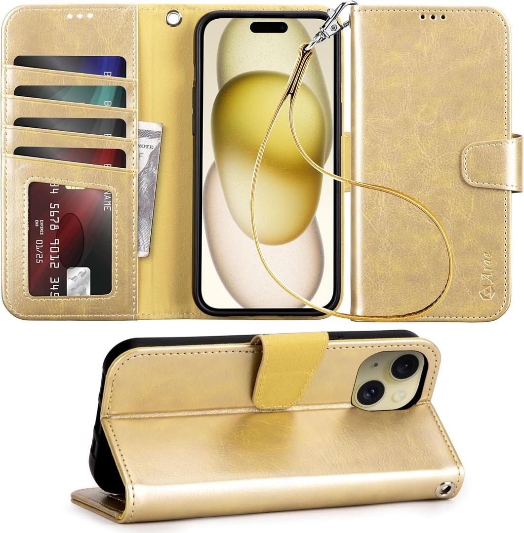 Arae Compatible with iPhone 15 Case with Card Holder and Wrist Strap Wallet Flip Cover for iPhone 15 6.1 inch,Champagne Gold