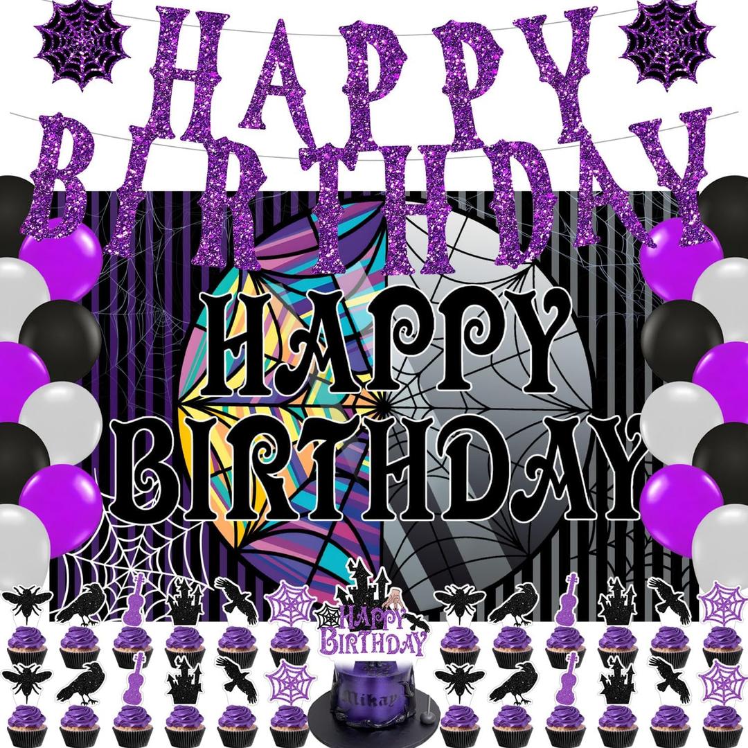 Wednesday Birthday Party Supplies, Cartoon Wednesday Family Party Favors, Cartoon Party Decorations Include Backdrop, Banner, Balloons, Cake Toppers