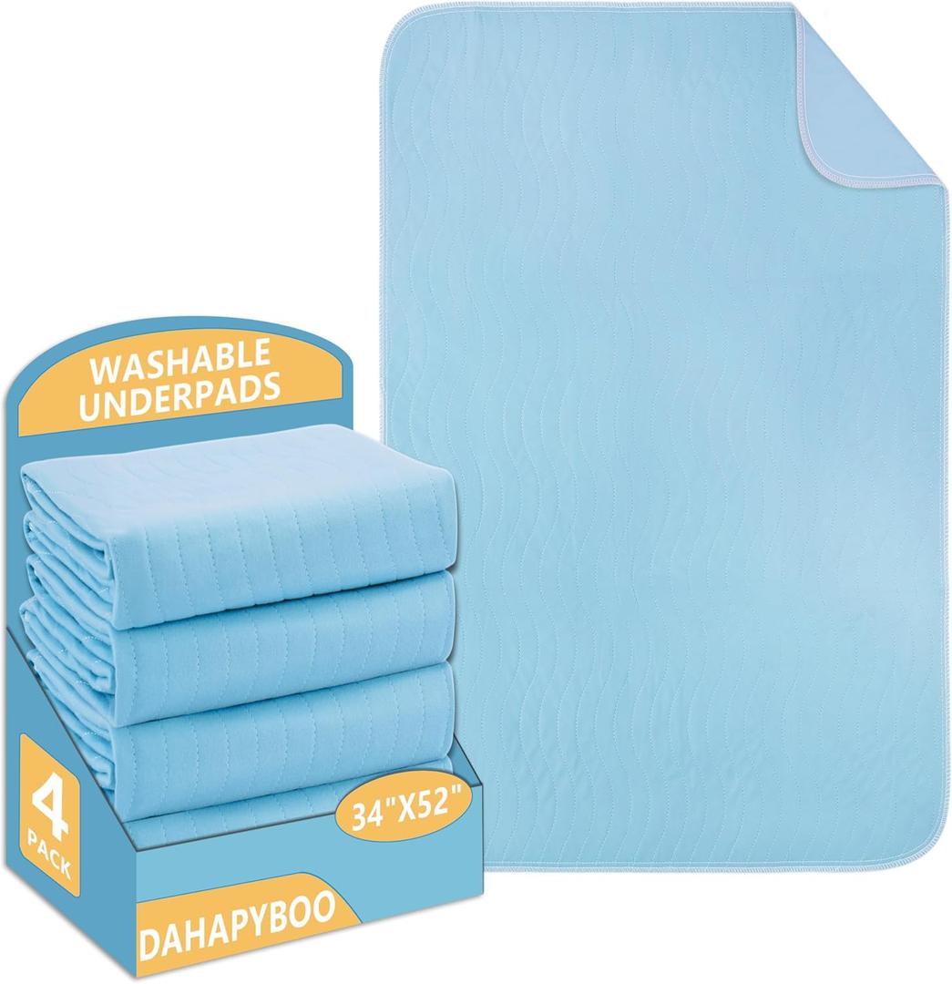 Washable Underpads, 34"x52" 4 Pack Incontinence Bed Pads, Heavy Absorbency Reusable for Elderly, Kids, Adults and Pets, Waterproof Quick Drying for Bed, Sofa, Floor