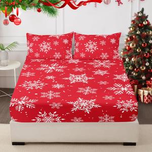 HCORA Christmas Fitted Sheet with Pillow Cases, 100% Brushed Microfibre Deep Pocket Fitted Bottom Sheet, Ultra Soft, Shrinkage and Fade Resistant, Full Size (07# Snowflakes)