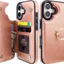 ONETOP for iPhone 17 Wallet Case with Card Holder, 360 Rotation Ring Kickstand RFID Blocking PU Leather Double Magnetic Clasp Shockproof Cover for Women and Girls 6.3 Inch (Rose Gold)