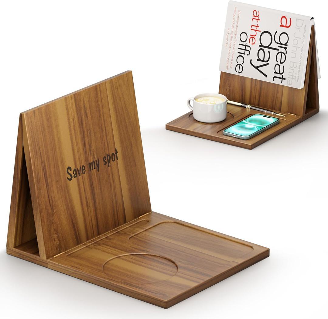 Triangle Book Holder, Book Rest, Acacia Foldable Book Nook Reading Valet, Triangle Book Stand with Cup, Pen, Glasses and Phone Holder for Bedroom, Nightstand or Office, Gifts for Book Lover