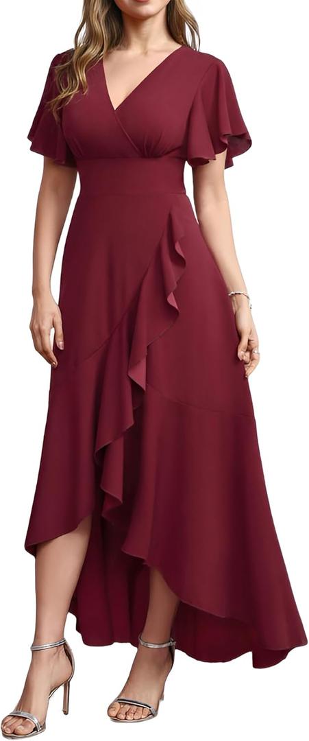 MisShow Long Formal Dresses for Women Elegant V Neck Wrap Ruffle Cocktail Wedding Guest Dress Evening Party Gown (X-Large, Burgundy)