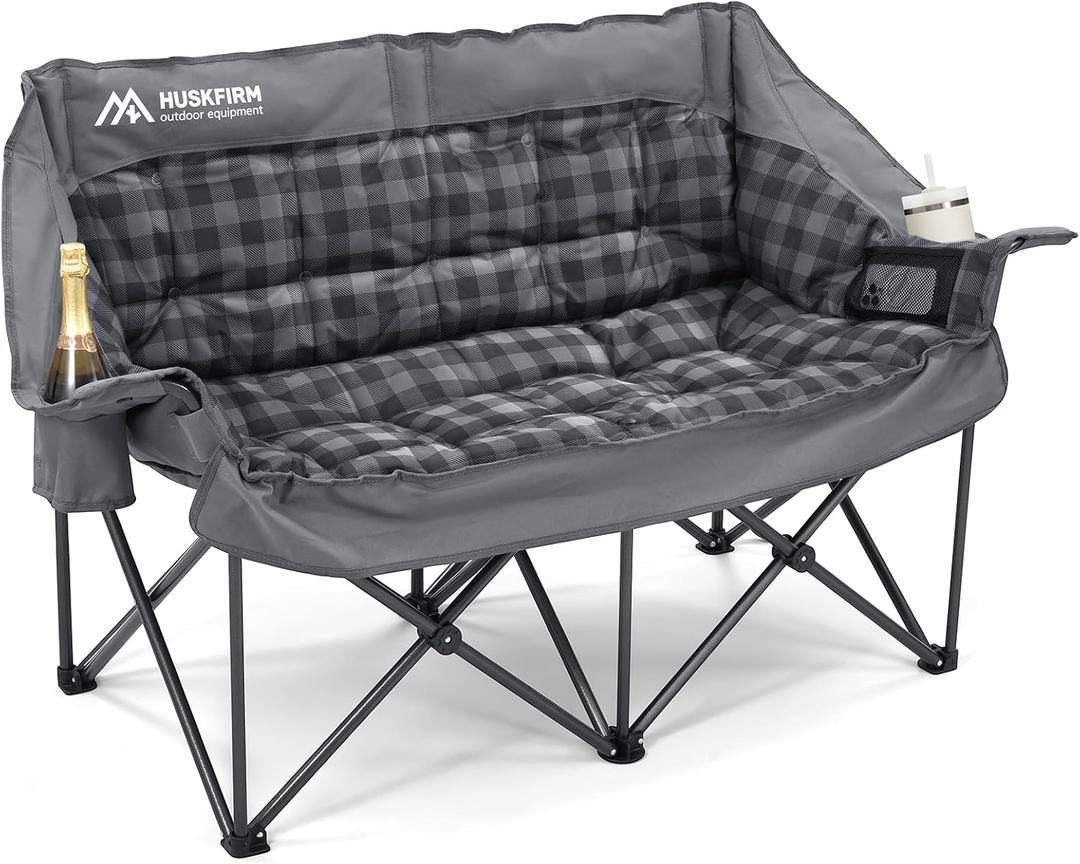 Double Camping Chairs Padded Loveseat Chair for 2 Person - Heavy Duty Oversized Camping Couch for Adults Outdoor Lawn Beach - Portable Folding Sofa with Cup Holders and Carry Bag, Grey