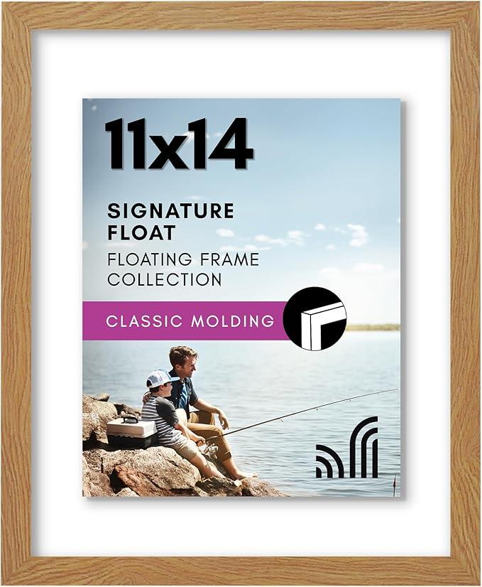 Americanflat 11x14 Floating Picture Frame with Polished Crystal-Clear Glass - Use as 8x10 Picture Frame or Display 5x7 Photo - Signature Float Collection - Photo Frames for Wall Display - Dark Oak