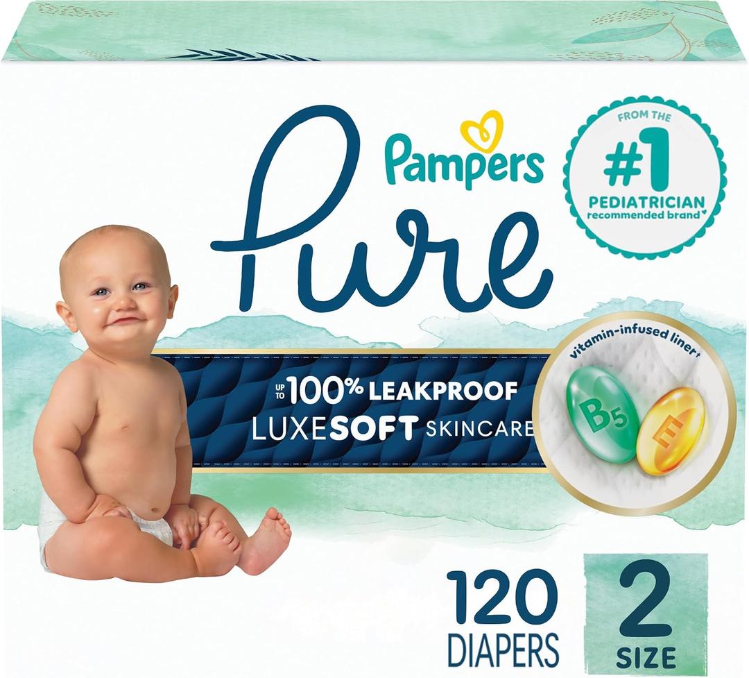 Pampers Pure Baby Diapers, Size 2 (12-18 lbs), 120, Up to 100% Leakproof, Premium Hypoallergenic Soft Diapers