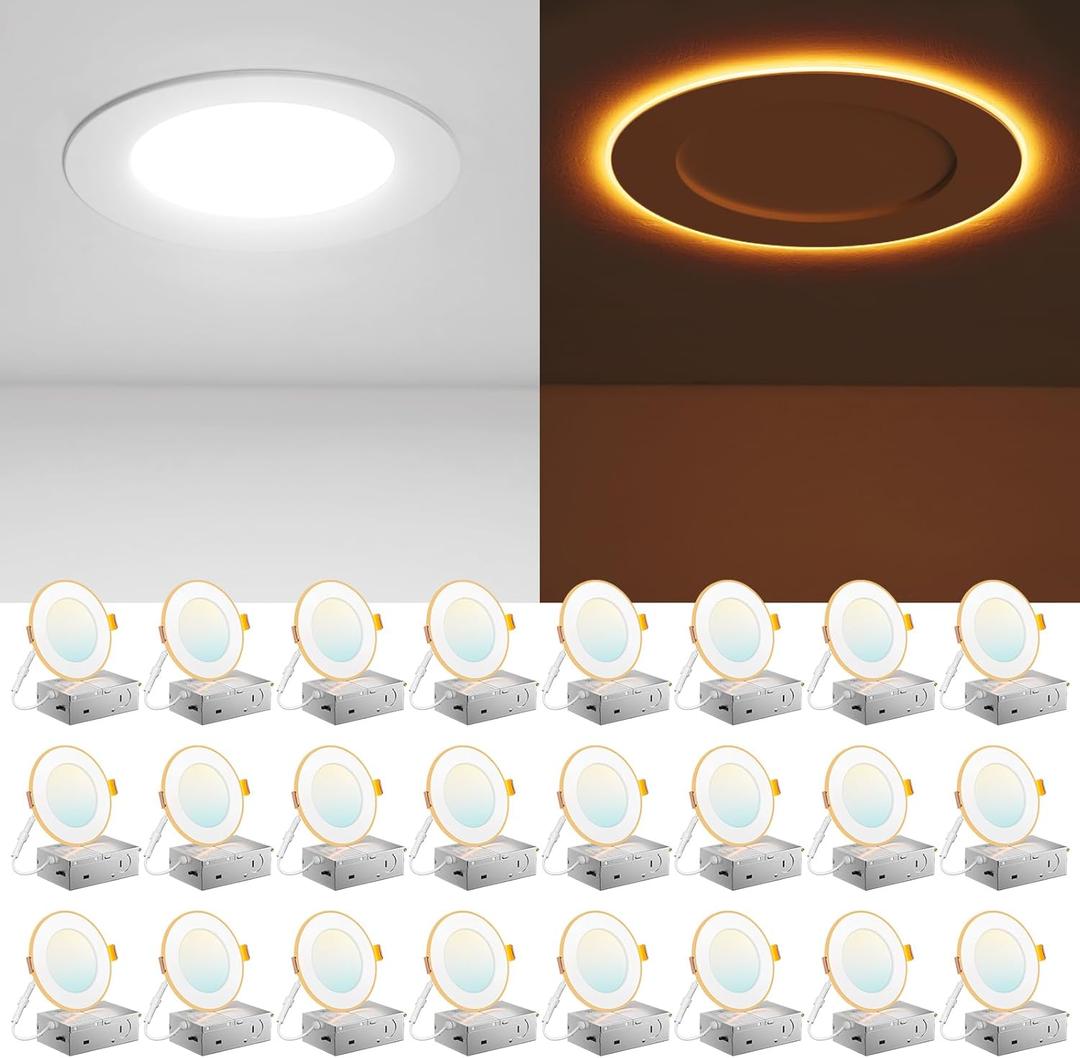 Amico 24 Pack 4 Inch 5CCT LED Recessed Ceiling Light with Night Light, 2700K/ 3000K/ 3500K/ 4000K/ 5000K Selectable Ultra-Thin Recessed Lighting, 10W=90W, 700LM, Dimmable Canless Wafer Downlight ETL&FCC