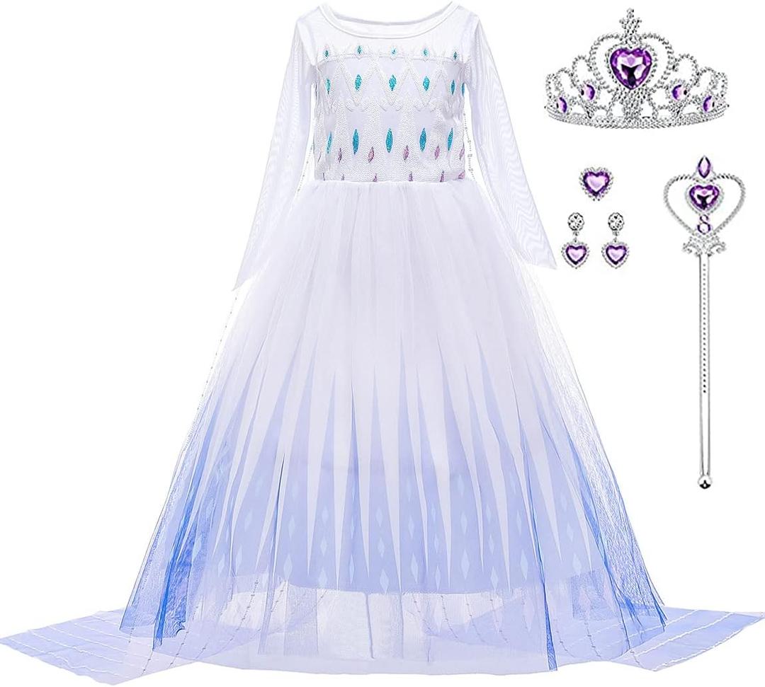 Elsa Costume for Girls Princess Elsa Dress Toddler Kids Halloween Cosplay Birthday Party Outfit White (5-6 Years)