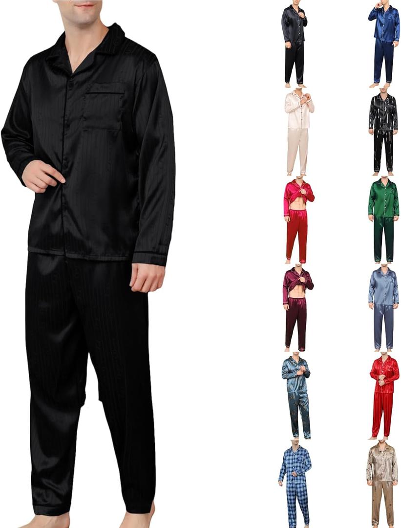 Men's Silky Satin Pajama Sets Mens Sleepwear Big and Tall Pajamas for Men Loungewear Summer Pjs Lounge Set M-5XL (Green)