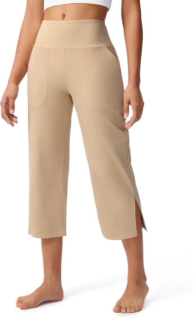 Capri Pants for Women Wide Leg Yoga Capris with Pockets Stretch High Waist Crop Pants Loose Travel (XL)