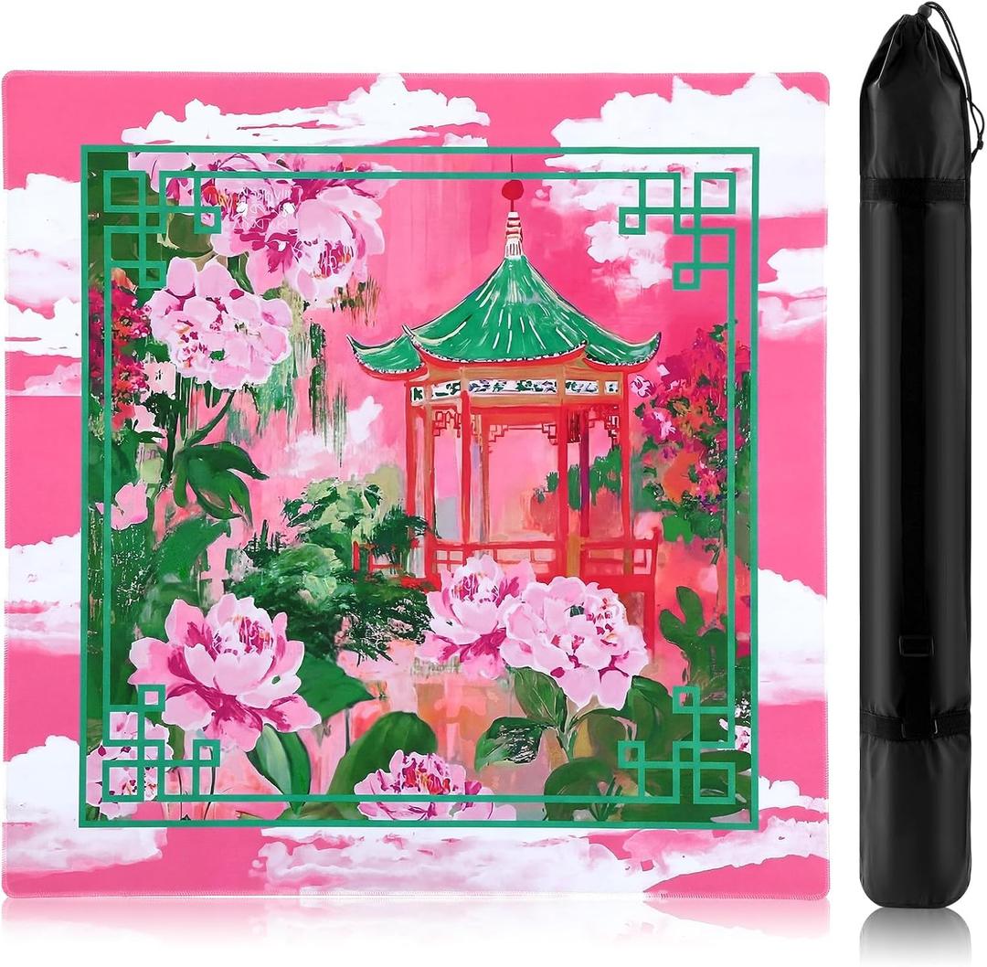 Dunzy 33'' x 33'' Mahjong Mat with Carrying Bag Non Slip Noise Reduction Gaming Mat Rubber Mahjong Table Cover Accessories Gifts for Poker Board Games Dominoes(Pink and Green,Garden)
