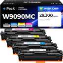 W9090MC High Capacity Toner Cartridge Set 4-Pack with Chip Replacement for HP W9090MC W9091MC W9092MC W9093MC Compatible with HP Color LaserJet Managed E45028dn MFP E47528f Printer Ink Copy Black Cyan