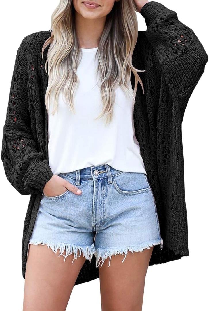 Mafulus Women's Crochet Cardigan Kimono Boho Long Sleeve Lightweight Soft Oversized Open Front Knitted Sweater (Large, Black)