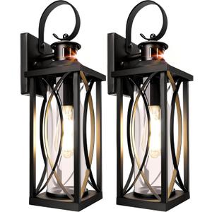 DBF 2 Pack Motion Sensor Outdoor Porch Lights, Dusk to Dawn Outdoor Lighting, Anti-Rust Waterproof Exterior Light Fixture, E26 Sockets & Tempered Glass Black Wall Sconce for House Front Door Garage