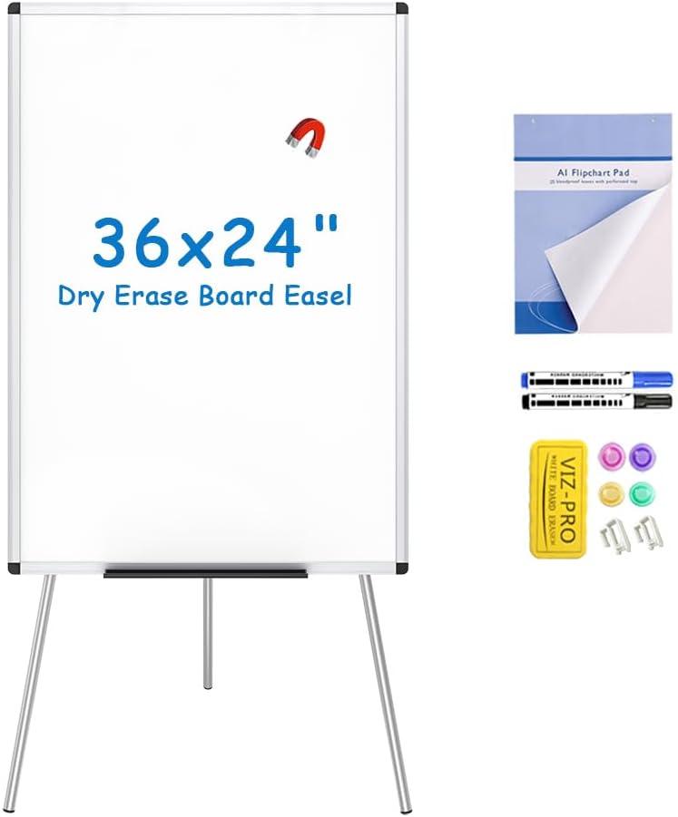 VIZ-PRO Magnetic Whiteboard Easel, 36 x 24 Inches, Portable Dry Erase Board Height Adjustable for School Office and Home (Silver)