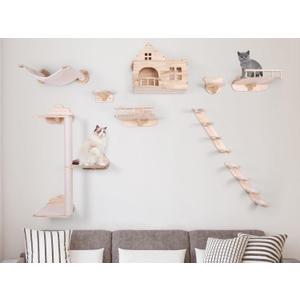 TQEW Cat Wall Furniture/Cat Wall Shelf 9 Piece Set with Sisal Scratching Posts, Bridge Ladders, Solid Wood